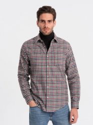 Męska flanelowa koszula w kratę - granatowo-czerwona V3 OM-SHCS-0150 - L. Czerwone koszule męskie Ombre Clothing, l, bez wzorów, z bawełny, bez kołnierzyka, bez ramiączek. W wyprzedaży za 79.99 zł.