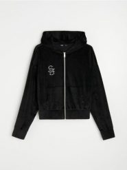 Welurowa bluza hoodie z biżuteryjną aplikacją - czarny. Czarne bluzy bez kaptura damskie Sinsay, l, z aplikacjami, z weluru, bez ramiączek, bez kaptura. Za 49.99 zł.