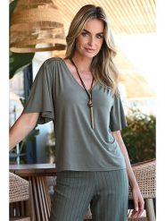 Bleu d'Azur Koszulka "Musa" w kolorze khaki rozmiar: 38. Brązowe bluzki damskie Bleu d'Azur, w ażurowe wzory, klasyczne, bez kołnierzyka, bez ramiączek. Za 136.45 zł.