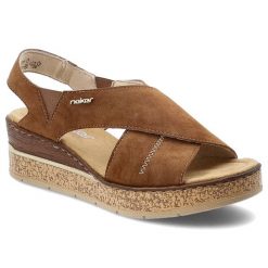 Sandały damskie Rieker, cholewka ze skóry ekologicznej z krzyżującymi się paskami na koturnie, brązowe, 63782-24. Brązowe sandały damskie Rieker, bez wzorów, ze skóry ekologicznej, bez obcasa, na koturnie. Za 299.00 zł.