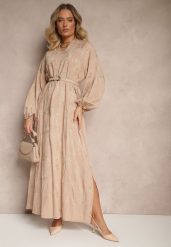 Beżowa Sukienka z Wiskozy Ozdobiona Haftami i Metaliczną Nicią Tervezia. Brązowe sukienki damskie Renee, na co dzień, na lato, l, bez wzorów, z wiskozy, eleganckie, bez kołnierzyka, bez ramiączek, maxi, kopertowe. W wyprzedaży za 111.99 zł.