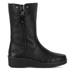 Kozaki Rieker. Czarne kozaki damskie Rieker, bez obcasa, na koturnie. Za 314.99 zł.