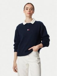 Tommy Jeans Sweter Fluffy Badge DW0DW23831 Granatowy Regular Fit. Niebieskie swetry klasyczne damskie Tommy Jeans, l, z jeansu, bez kołnierzyka. Za 449.99 zł.