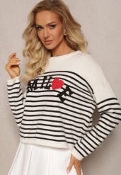 Beżowo-Czarny Sweter z Napisem Smile i Wzorem w Paski Suwaia. Brązowe swetry klasyczne damskie Renee, bez kołnierzyka. Za 109.99 zł.