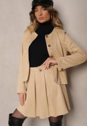 Beżowa Rozkloszowana Spódnica z Ekozamszu z Plisami w Stylu Preppy Sealia. Brązowe spódniczki damskie Renee, l, bez wzorów, biznesowe, mini, dopasowane. Za 89.99 zł.