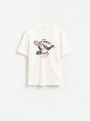 T-shirt oversize z nadrukiem - złamana biel. T-shirty męskie Reserved, l, bez wzorów, z bawełny, bez kołnierzyka. Za 69.99 zł.