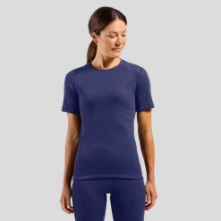Bielizna termoaktywna z długim rękawem Odlo BL TOP crew neck s/s ACTIVE WARM. Niebieskia bielizna termoaktywna damska Odlo, s, z aplikacjami, z materiału. Za 249.99 zł.