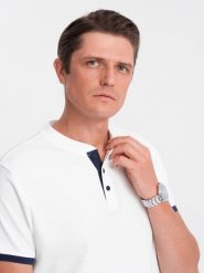 Koszulka męska polo bez kołnierzyka - biała V1 OM-TSCT-0156 - XXL. Białe koszulki polo męskie Ombre Clothing, l, bez wzorów, z bawełny, bez ramiączek. W wyprzedaży za 39.99 zł.