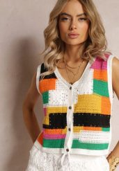 Biało-Żółty Top z Bawełnianej Dzierganej Tkaniny Zapinany na Guziki Kawayne. Białe topy damskie Renee, bez wzorów, z bawełny, bez kołnierzyka. Za 69.99 zł.