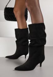 Czarne Marszczone Botki na Obcasie Typu Kaczuszka Nalonia. Czarne botki damskie Born2be, z jeansu, eleganckie, bez obcasa, na obcasie, bez zapięcia. Za 169.99 zł.