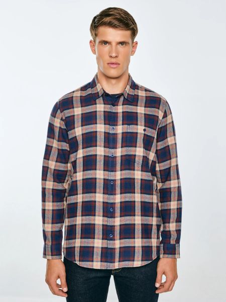 Koszula męska flanelowa w kratę granatowa Flaneno 403. Niebieskie koszule męskie Big Star, l, bez wzorów, z tkaniny, bez kołnierzyka, bez ramiączek. W wyprzedaży za 99.99 zł.