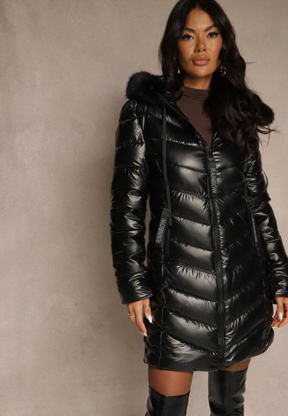 Czarna Taliowana Kurtka z Pikowanymi Przeszyciami i Kapturem z Futrem Nalidea. Czarne kurtki damskie Renee, l, bez wzorów, z jeansu. Za 169.99 zł.
