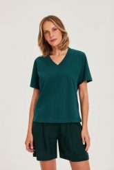 Gładki t-shirt zielony. Zielone t-shirty damskie MOODO, xxl, bez wzorów, z bawełny, bez kołnierzyka. Za 49.99 zł.