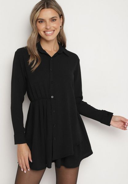 Czarna Asymetryczna Sukienka o Koszulowym Kroju z Gumką w Talii Elodina. Czarne sukienki damskie Born2be, na spotkanie biznesowe, bez wzorów, eleganckie, z asymetrycznym kołnierzem, bez ramiączek, asymetryczne. Za 69.99 zł.