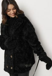 Czarna Futrzana Kurtka Płaszcz Dwurzędowy z Dołączonymi Rękawiczkami Hetista. Czarne kurtki damskie Born2be, l, bez wzorów, z futra, eleganckie. Za 349.99 zł.