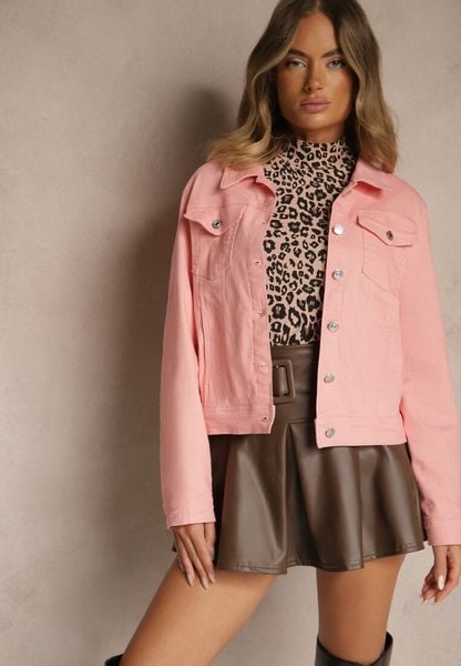 Różowa Jeansowa Kurtka z Bawełny z Guzikami i Kieszeniami Ainztia. Czerwone kurtki damskie Renee, l, bez wzorów, z bawełny, bez kaptura. Za 129.99 zł.