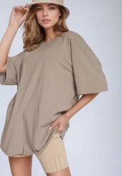Beżowy Bawełniany T-shirt Koszulka z Krótkim Rękawem Bevima. Brązowe bluzki damskie Born2be, bez wzorów, z bawełny, bez kołnierzyka, bez ramiączek. Za 59.99 zł.