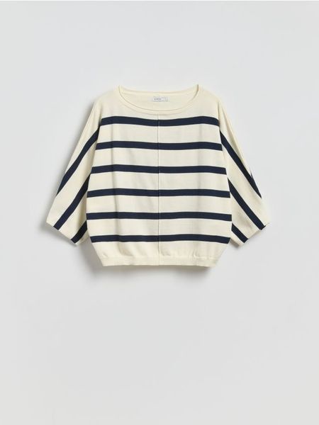 Bawełniany sweter w paski - wielobarwny. Swetry klasyczne damskie Reserved, l, z bawełny, bez kołnierzyka. Za 99.99 zł.