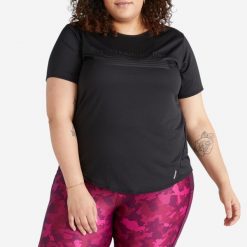 Koszulka fitness damska Domyos krótki rękaw. Czarne bluzki sportowe damskie DOMYOS, l, z materiału, bez kołnierzyka, bez ramiączek. Za 39.99 zł.