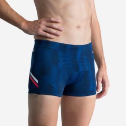 Bokserki pływackie męskie Nabaiji Fiti. Niebieskie kąpielówki męskie Decathlon, m, bez wzorów, z elastanu, do pływania. Za 34.99 zł.