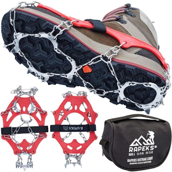 Raczki turystyczne na buty Rapeks Icetrak Light. Czerwone buty trekkingowe męskie RAPEKS, bez zapięcia, trekkingowe. W wyprzedaży za 89.90 zł.