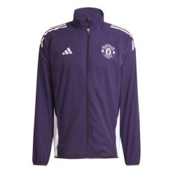 Kurtka dresowa Prematch Manchester United 2025/26. Białe kurtki męskie Adidas, bez wzorów, z dresówki, sportowe, bez kaptura. W wyprzedaży za 305.50 zł.
