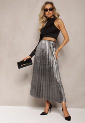 Srebrna Rozkloszowana Spódnica Maxi Zdobiona Plisowaniem i Metaliczną Nicią Dervila. Szare spódniczki damskie Renee, s, z aplikacjami, eleganckie, maxi, rozkloszowane. Za 59.99 zł.