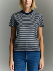 Bawełniany t-shirt w paski - granatowy. Niebieskie t-shirty damskie Reserved, l, bez wzorów, z bawełny, bez kołnierzyka. Za 99.99 zł.