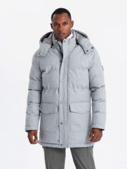 Ciepła długa męska kurtka typu parka z wełną – jasnoszary melanż V3 OM-JALJ-0217 - XXL. Szare kurtki męskie Ombre Clothing, l, z aplikacjami, z materiału. W wyprzedaży za 199.99 zł.