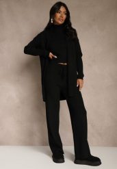Czarny Komplet z Dzianiny z Wiskozą Spodnie Bluzka ze Stójką i Kardigan Vetisene. Czarne spodnie materiałowe damskie Renee, bez wzorów, z dzianiny. Za 189.99 zł.