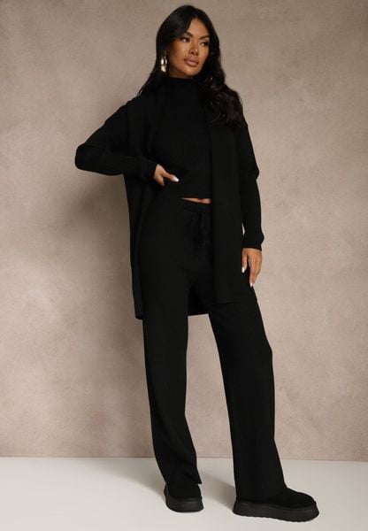 Czarny Komplet z Dzianiny z Wiskozą Spodnie Bluzka ze Stójką i Kardigan Vetisene. Czarne spodnie materiałowe damskie Renee, bez wzorów, z dzianiny. Za 189.99 zł.