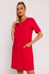 Czerwona Mini Trapezowa Sukienka z Kieszonkami. Czerwone sukienki damskie MOE, l, bez wzorów, z bawełny, bez kołnierzyka, bez ramiączek, mini, trapezowe. Za 283.90 zł.