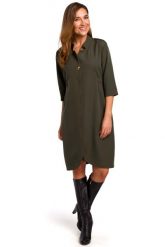 Khaki Elegancka Sukienka Żakietowa z Pagonami. Brązowe sukienki damskie MOE, l, bez wzorów, z elastanu, eleganckie, bez kołnierzyka, bez ramiączek. Za 293.90 zł.