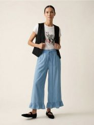 Spodnie z falbankami i kieszeniami z lyocellu - niebieski. Niebieskie spodnie materiałowe damskie Sinsay, bez wzorów, z lyocellu. Za 49.99 zł.