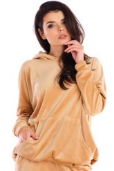 Welurowa Bluza Kangurka z Kapturem - Beżowa. Brązowe bluzy z kapturem damskie Awama, uniwersalny, z elastanu. Za 228.90 zł.
