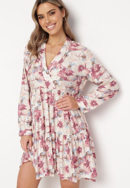 Beżowo-Różowa Sukienka Mini w Kwiaty z Rozkloszowanym Falowanym Dołem Darae. Brązowe sukienki damskie Born2be, l, bez wzorów, bez kołnierzyka, bez ramiączek, mini, kopertowe. Za 99.99 zł.