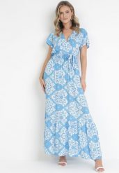 Niebieska Rozkloszowana Sukienka Maxi z Wiązanym Paskiem Aziza. Niebieskie sukienki damskie Born2be, m, bez wzorów, z bawełny, bez kołnierzyka, bez ramiączek, maxi, kopertowe. W wyprzedaży za 87.99 zł.