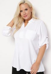 Biała Bluzka Koszulowa z Kołnierzykiem i Wsuwaną Kieszonką Tafeta. Białe bluzki damskie Born2be, l, bez wzorów, z jeansu, eleganckie, bez kołnierzyka, bez ramiączek. Za 69.99 zł.