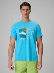 4F T-shirt regular z nadrukiem męski - niebieski XL. Niebieskie t-shirty męskie 4f, m, bez wzorów, z bawełny, bez kołnierzyka. Za 69.99 zł.