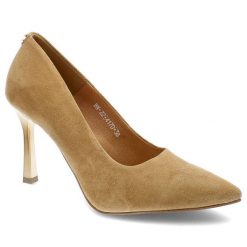 Beżowe Czółenka Karino Eleganckie Skórzane Buty. Brązowe czółenka damskie Karino, bez wzorów, ze skóry, bez obcasa, na obcasie. Za 279.00 zł.