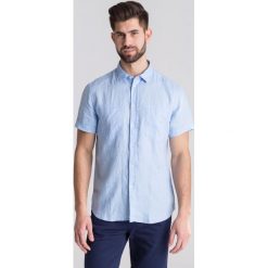 Niebieska lniana koszula męska z krótkim rękawem - Niebieski. Niebieskie koszule męskie TRUSSARDI JEANS, m, bez wzorów, bez kołnierzyka, bez ramiączek. Za 187.60 zł.