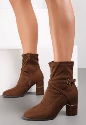 Brązowe Botki na Słupku Ndiaye. Brązowe botki damskie Renee, boho, z okrągłym noskiem, za kostkę, bez obcasa, na obcasie, bez zapięcia. Za 69.99 zł.