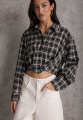 Czarna Koszula z Bawełny Typu Crop w Kratę Ozdobiona Marszczeniem Risettes. Czarne koszule damskie Renee, m, bez wzorów, z bawełny, bez kołnierzyka, bez ramiączek. Za 99.99 zł.