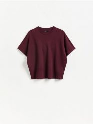 T-shirt oversize - ciemnofioletowy. Fioletowe t-shirty damskie Reserved, l, bez wzorów, z bawełny, bez kołnierzyka. Za 69.99 zł.