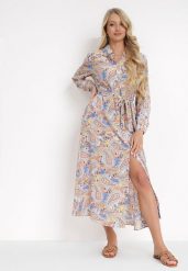 Pomarańczowo-Jasnoniebieska Sukienka Maxi z Kołnierzem i Materiałowym Paskiem Nuen. Niebieskie sukienki damskie Born2be, l, bez wzorów, z materiału, bez kołnierzyka, bez ramiączek, maxi. W wyprzedaży za 95.99 zł.