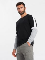 Trójkolorowa bluza męska dresowa z raglanowymi rękawami – czarna V3 OM-SSNZ-22FW-003 - XXL. Czarne bluzy bez kaptura męskie Ombre Clothing, l, z bawełny. W wyprzedaży za 99.99 zł.