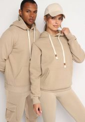 Ciemnobeżowa Bluza z Bawełną Wykończona Kapturem Kangurową Kieszenią i Polarem Padela. Brązowe bluzy z kapturem męskie Born2be, l, z bawełny. Za 84.99 zł.
