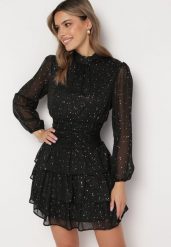 Czarna Elegancka Sukienka z Błyszczącymi Drobinkami i Falbankami Tinaria. Czarne sukienki damskie Born2be, l, bez wzorów, eleganckie, bez kołnierzyka, bez ramiączek, mini. W wyprzedaży za 135.99 zł.