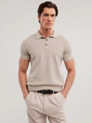 Sweter męski polo z krótkim rękawem beżowy Polonezzo 801. Brązowe swetry męskie Big Star, l, bez wzorów, z bawełny, bez kołnierzyka. Za 159.99 zł.