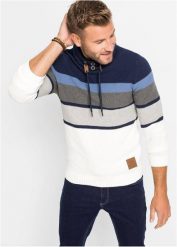 Sweter z grubej dzianiny, z kołnierzem kominem, z czystej bawełny. Niebieskie swetry męskie bonprix, m, bez wzorów, z bawełny, bez kołnierzyka. Za 149.99 zł.